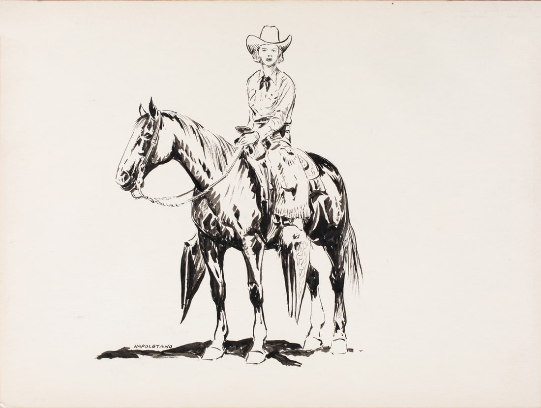 Illustration, Al Martin Napoletano: Al Martin Napoletano (American, b. 1920), Cowgirl on Horseback, black ink on illustration board, signed lower left, board (unframed): 7.5"h x 10"w