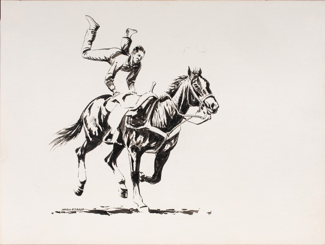 Illustration, Al Martin Napoletano: Al Martin Napoletano (American, b. 1920), Rider on Bucking Horse, black ink on illustration board, signed lower left, board (unframed): 7.5"h x 10"w