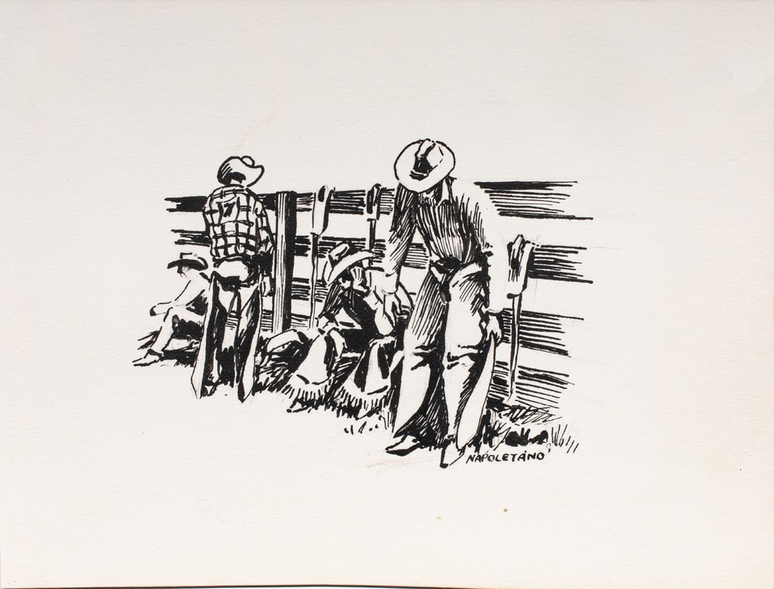 Illustration, Al Martin Napoletano: Al Martin Napoletano (American, b. 1920), Four Cowboys Against a Fence, black ink on illustration board, signed lower right, board (unframed): 6.38"h x 8.38"w