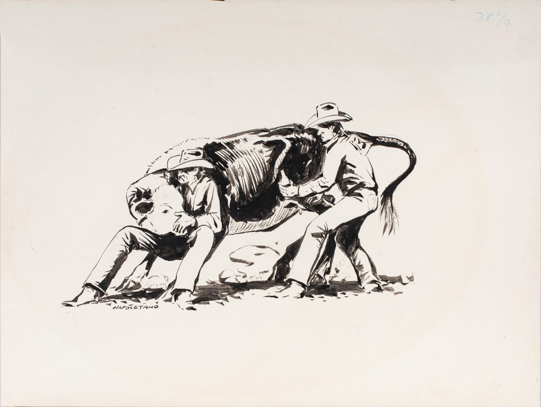 Illustration, Al Martin Napoletano: Al Martin Napoletano (American, b. 1920), Two Cowboys Rangling a Cow, black ink on illustration board, signed lower left, board (unframed): 7.5"h x 10"w