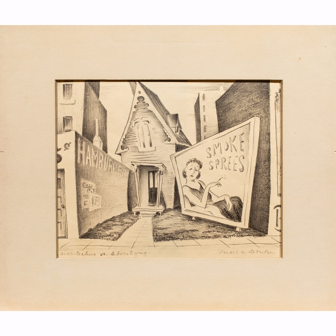 Print, Persis W. Robertson: Persis W. Robertson (American, 1896-1992), "Architecture vs. Advertising," circa 1940, lithograph, pencil signed lower right and titled lower left, overall (with mat): 11.75"h x 13.75"w