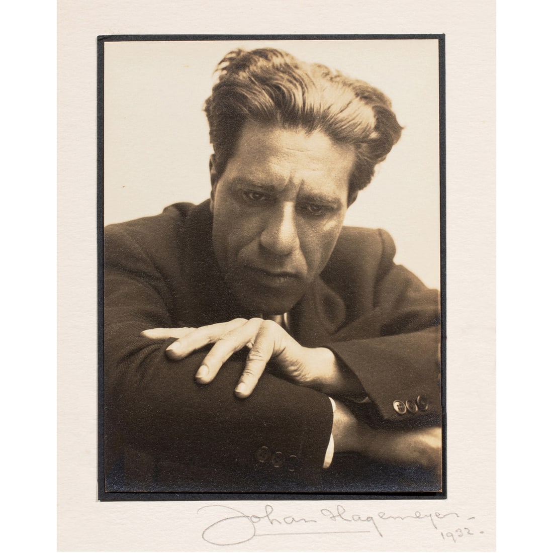 Photograph, Johan Hagemeyer: Johan Hagemeyer (American/Dutch, 1884-1962), "David Alberto - Pianist," 1932, gelatin silver print, pencil signed and dated lower center mat, titled lower left mat, sheet: 4"h x 3"w, overall (with