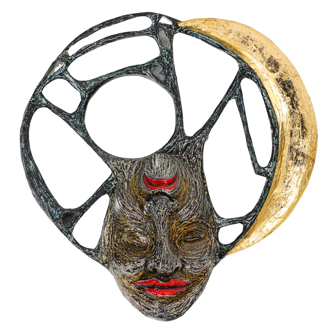 Sculpture, William Rhodes: William Rhodes (American b. 1966), "Moods and Emotions," 2007, hand carved wood, mirrored glass, acrylic and gold leaf, signed, titled and dated verso, overall: 17.5"h x 16.5"w x 4"d