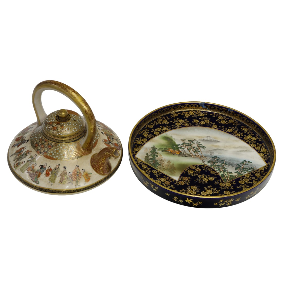 (lot of 2) Satsuma dish and teapot: (lot of 2) Satsuma dish and teapot. Featuring landscape and figural motif, Meiji period, 9.25" widest.