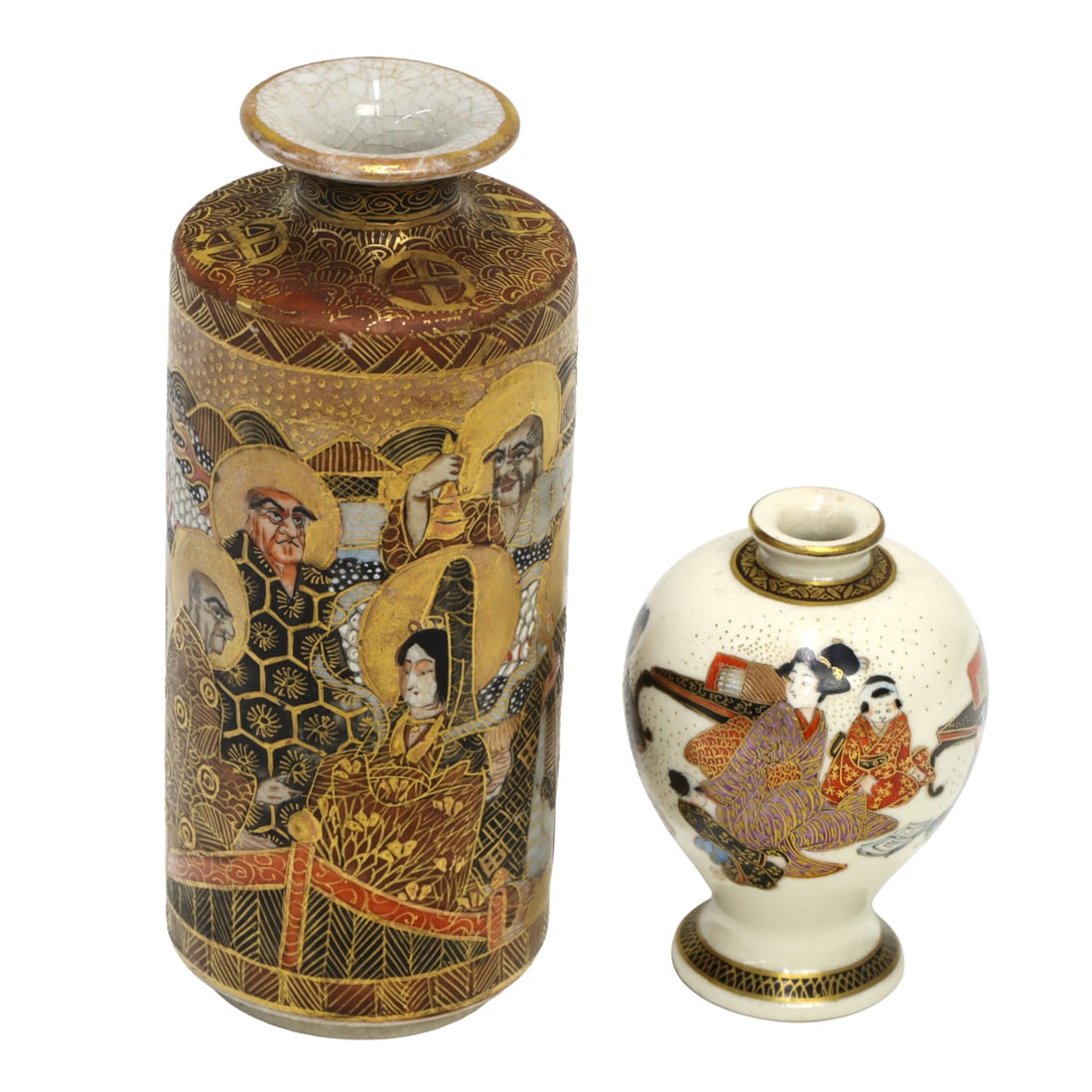 (lot of 2) Satsuma vases: (lot of 2) Satsuma vases. Featuring figural motif, Meiji period, 4.625" tallest.