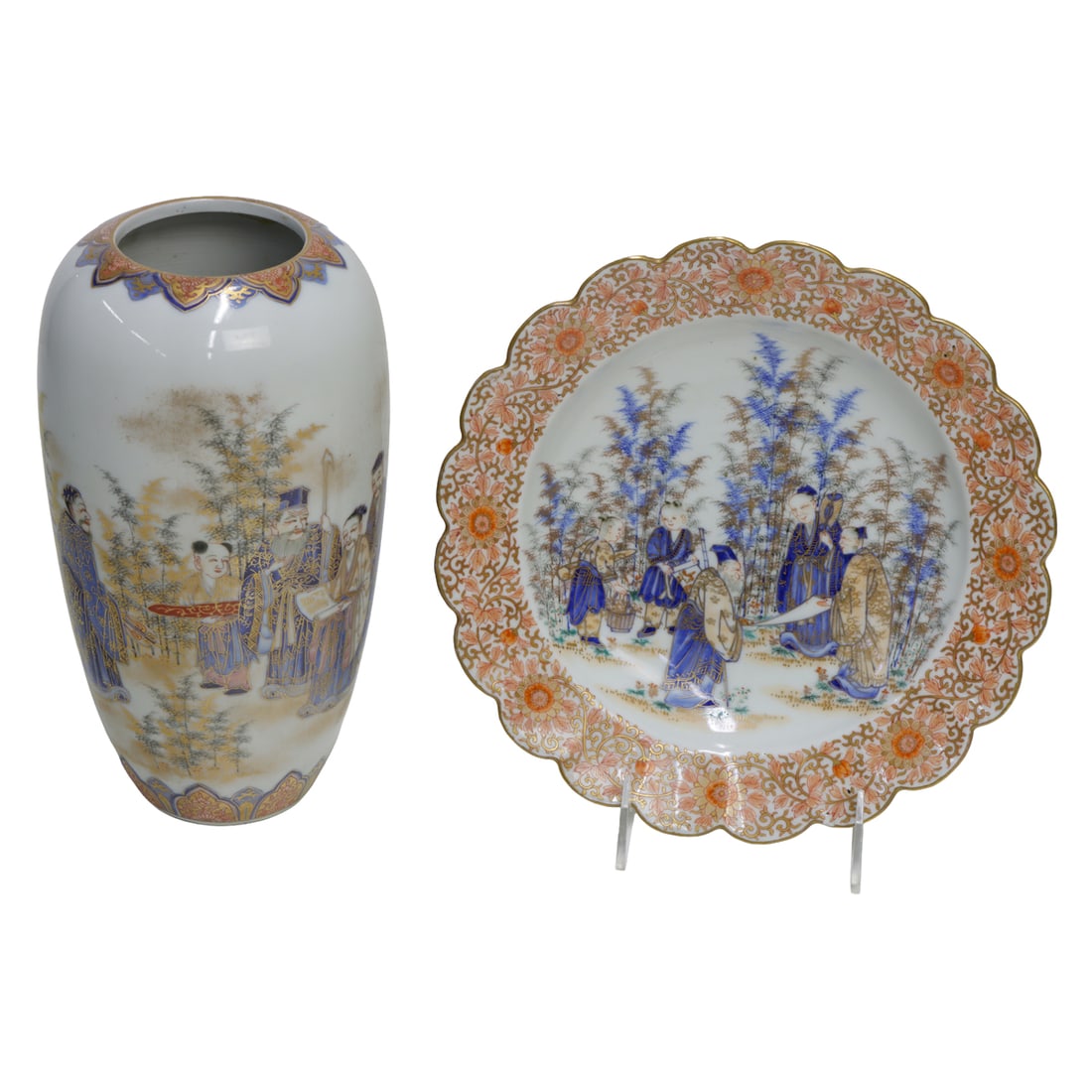 (lot of 2) Fukugawa vase and bowl: (lot of 2) Fukugawa vase and bowl. Depicting figure in garden setting, 9.75" tallest.