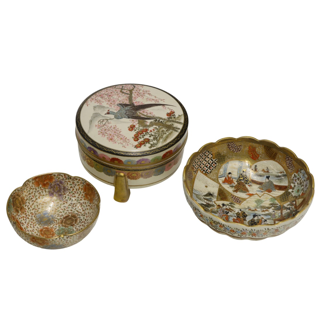 (lot of 3) Satsuma bowls and box: (lot of 3) Satsuma bowls and box. Featuring bird, figural, and floral motif, Meiji period, from 4.125" to 6" across.