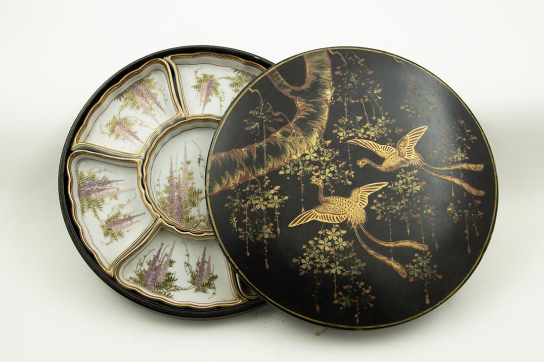 A set of Japanese Satsuma 'wisteria' snack trays with custom lacquered box (1 of 4)