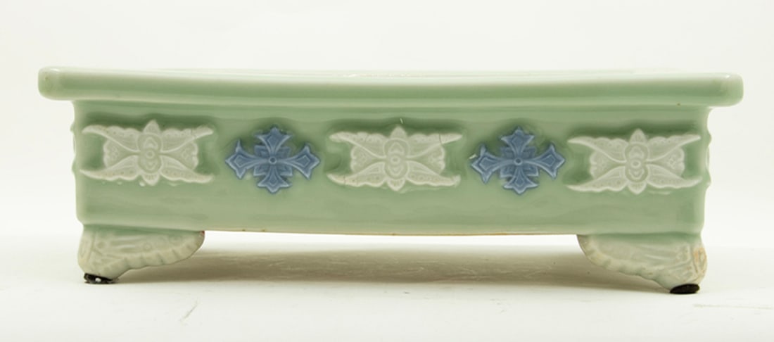 A Japanese celadon emboss blue and white floral design oblong flower pot (1 of 4)