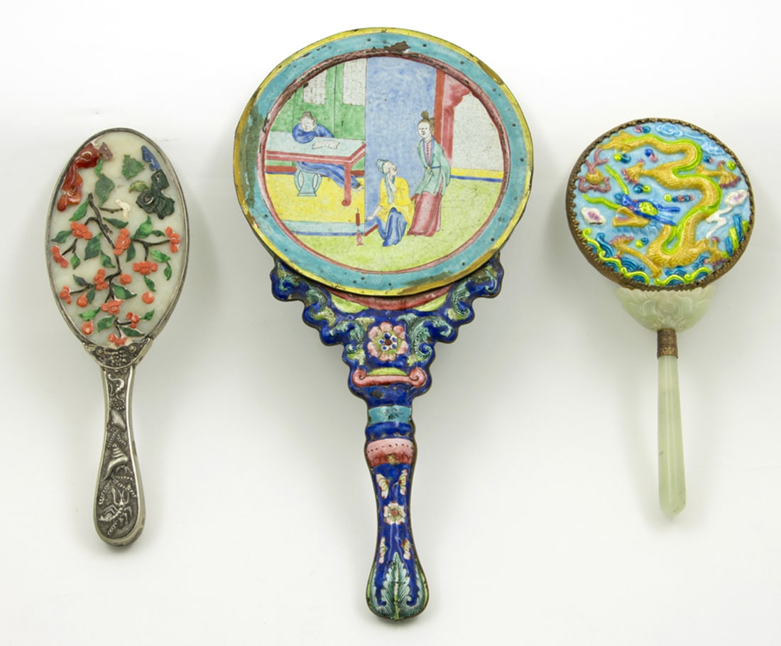 (lot of 3) Chinese enamel painted and gemstone inlaid hand mirrors (1 of 1)