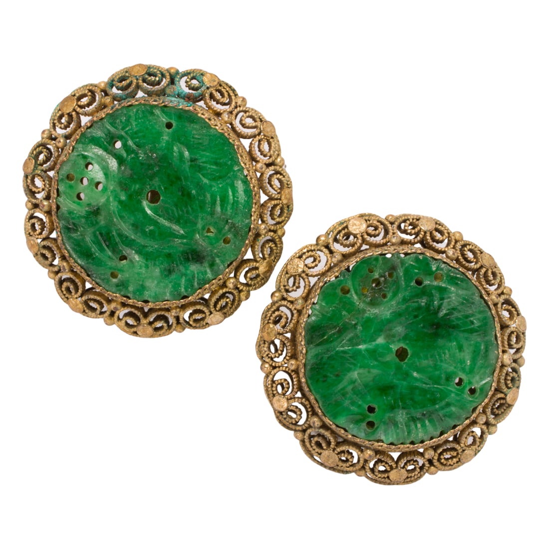 A pair of Chinese green jadeite and gilt silver ear clips (1 of 1)