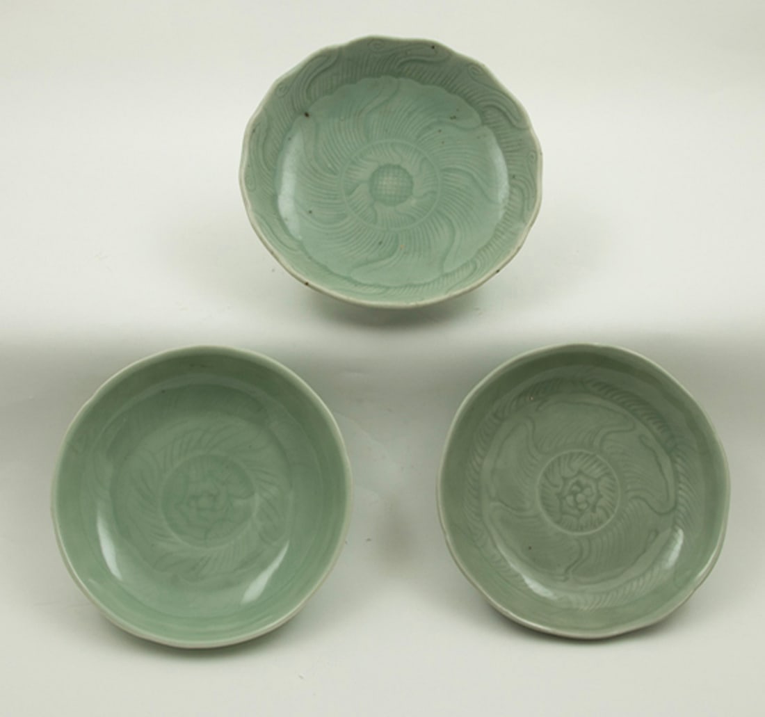 (lot of 3) Chinese celadon glazed floral form dishes (1 of 4)