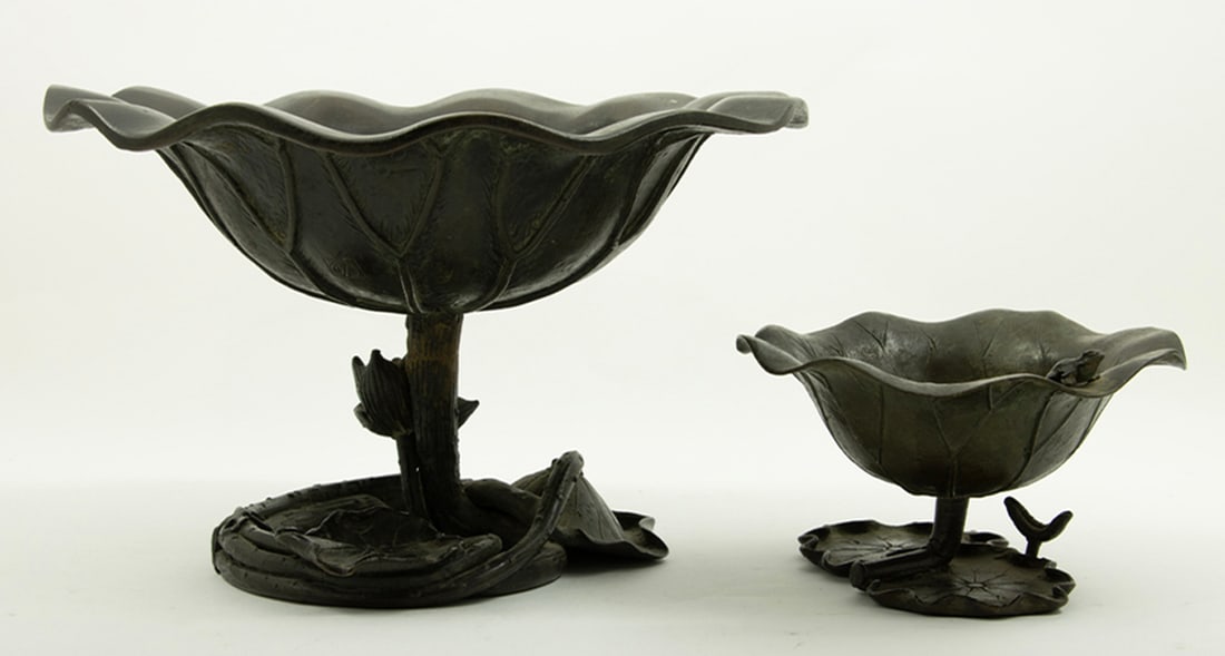 (lot of 2) Japanese bronze lotus ikebana containers: (lot of 2) Japanese bronze lotus ikebana containers. Meiji period, from 3" to 6" high.