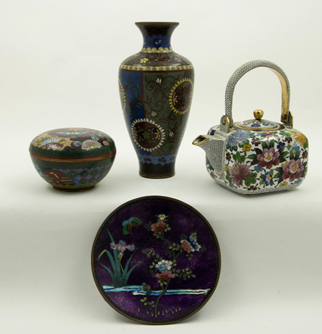 (lot of 4) Japanese cloisonne enamel objects: (lot of 4) Japanese cloisonne enamel objects. Meiji period, 6.75" high.