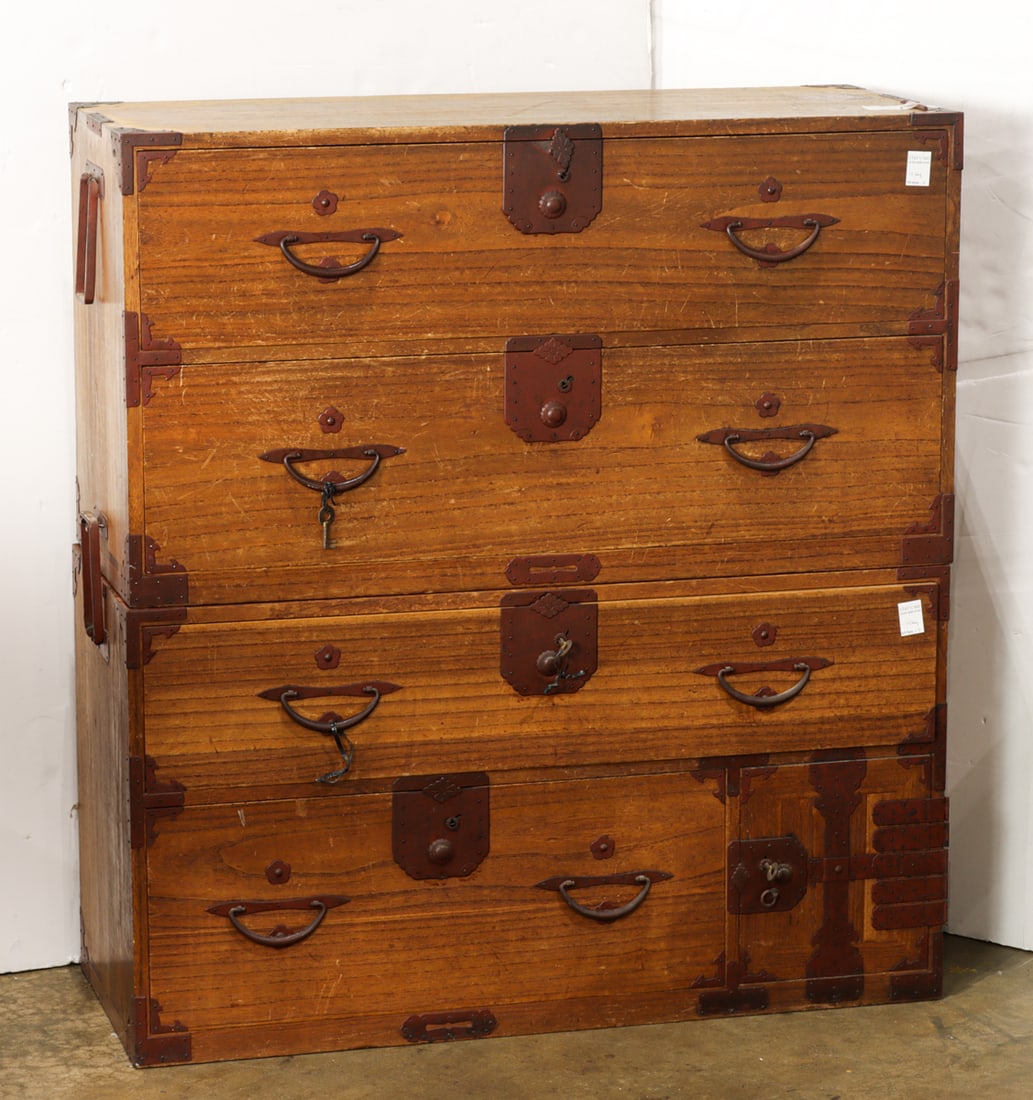A Japanese two-part wardrobe tansu (with key): A Japanese two-part wardrobe tansu (with key). Early 20th century, 47.5"h x 43.75"w x 17.75"d.