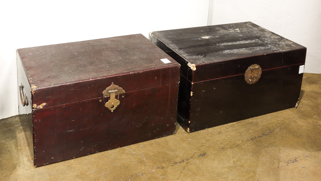 (lot of 2) Chinese leather trunks: (lot of 2) Chinese leather trunks. Republic period, 25" and 27" wide.