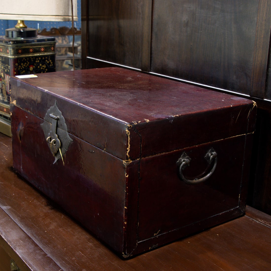 A Chinese pigskin chest: A Chinese pigskin chest. Circa 1890, 9.75"h x 19.5"w x 12.25"d.