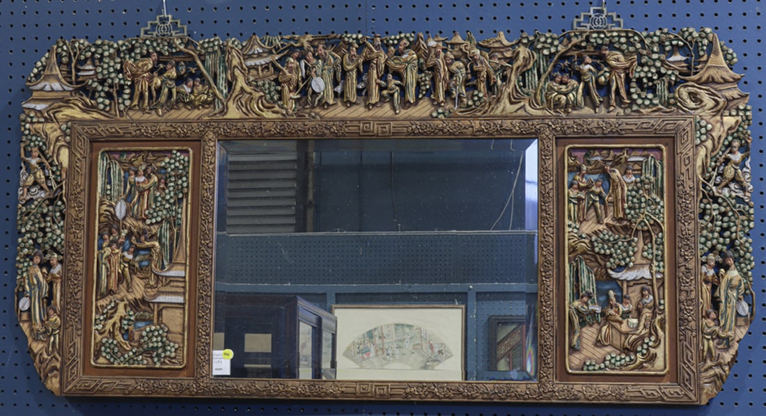 A Chinese painted wood mirror frame and mirror (1 of 1)