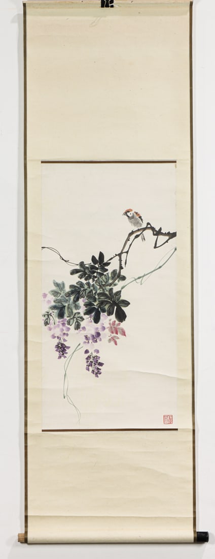 Yu Zhanglin - Bird and Flower: Yu Zhanglin - Bird and Flower. Hanging scroll, ink and color on paper, sealed, 26.625"h x 13.5"w.