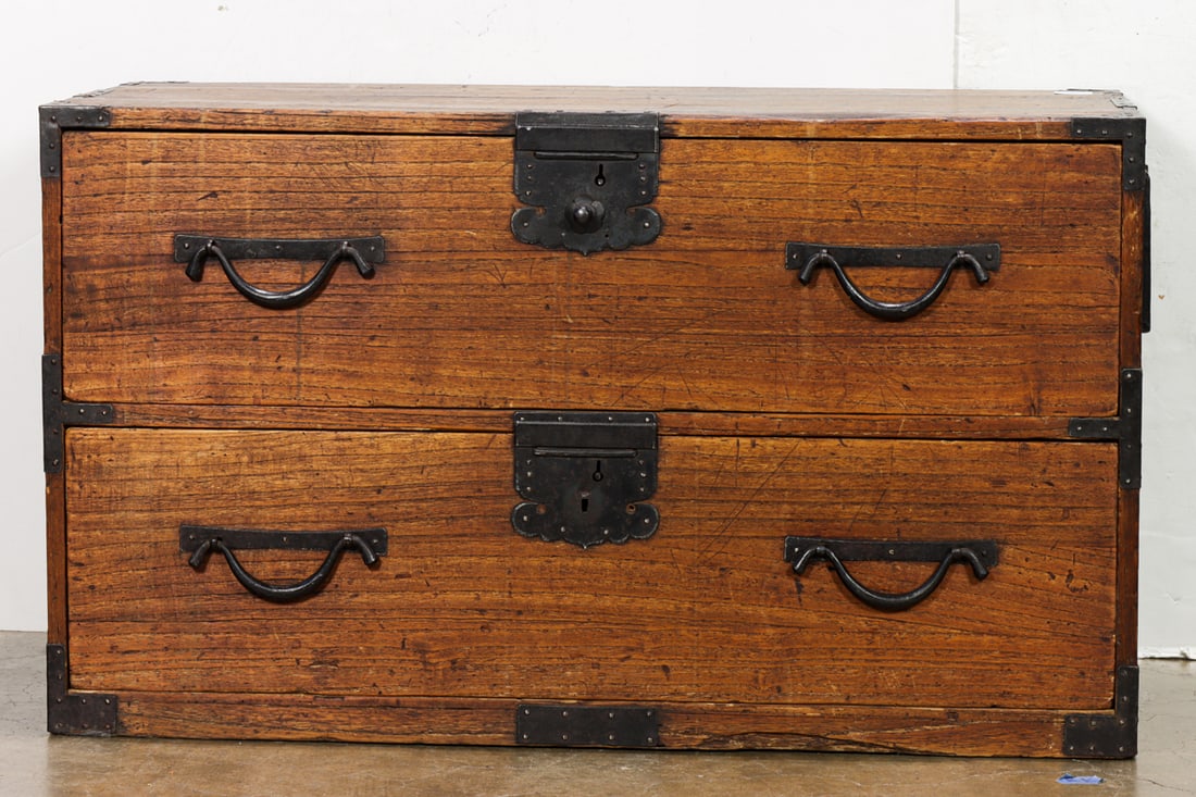 A Japanese tansu: A Japanese tansu. Meiji period, 19.5"h x 33.5"w x 15.5"d.