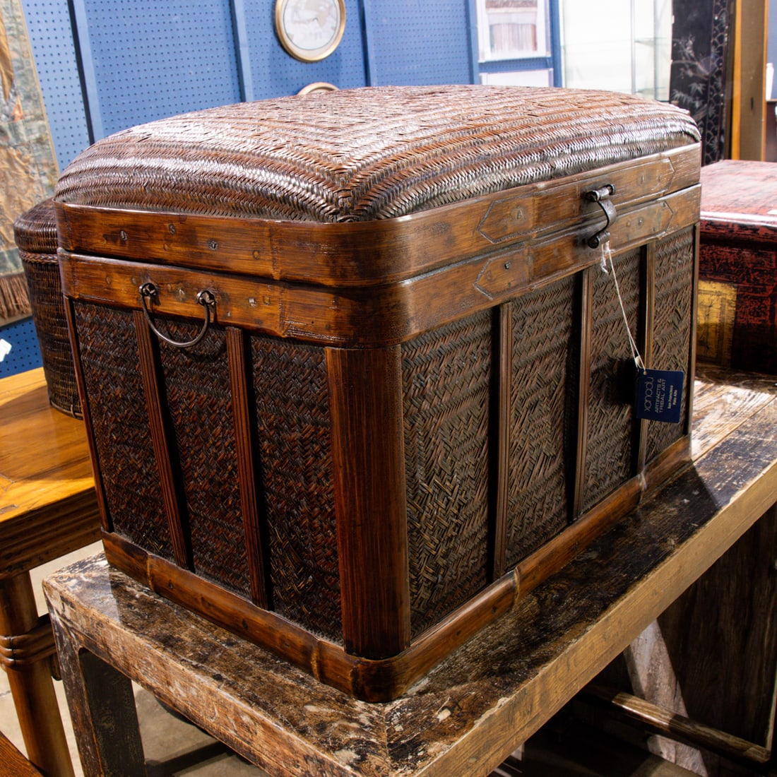 A Chinese woven bamboo trunk: A Chinese woven bamboo trunk. Ningbo region, circa 1900, 17.5"h x 24"w x 16"d.