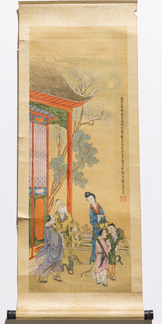 Chinese school - Figures: Chinese school - Figures. Hanging scroll, ink and color on canvas, inscribed, signed, sealed, 26.25"h x 9.75"w.
