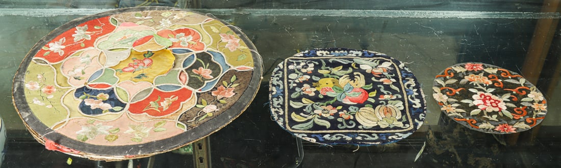 (lot of 3) Chinese embroidered silk roundels: (lot of 3) Chinese embroidered silk roundels. 19th century and later, from 6.25" to 14" wide.