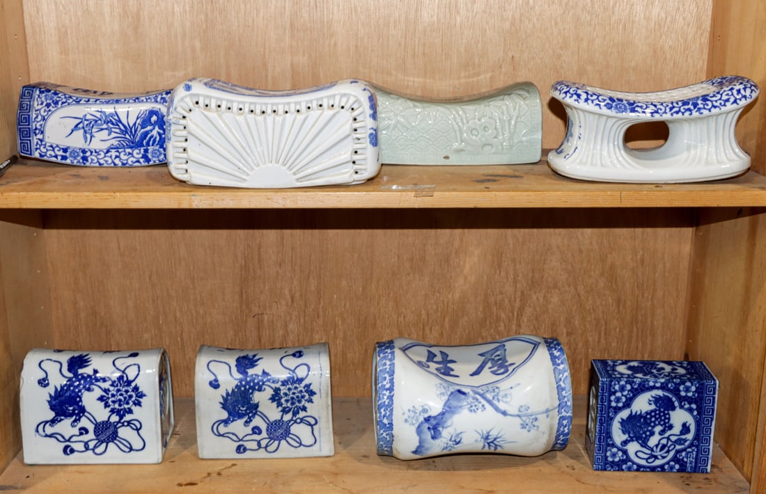 (lot of 8) Blue and white and celadon glazed head rests (1 of 1)