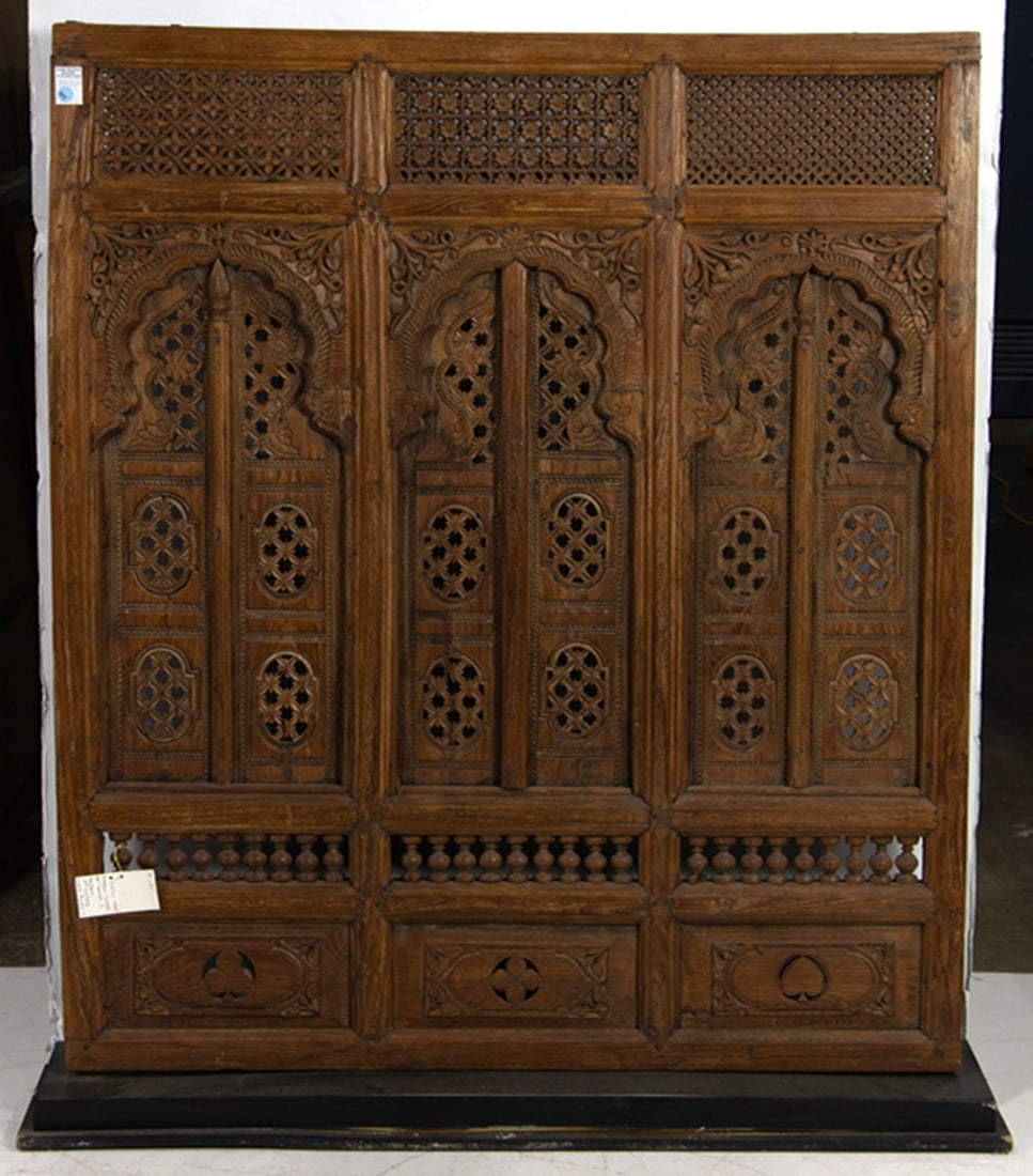 An Indian three-panel carved wood window panel (1 of 1)