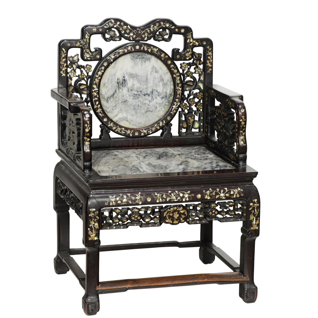 A Chinese rosewood arm chair with mother-of-pearl and marble inlay: A Chinese rosewood arm chair with mother-of-pearl and marble inlay. Late 19th century, 41.75"h x 26"w x 21"d. Provenance: A. Burlingame Johnson (c. 1856-1934) collection, now offered by his