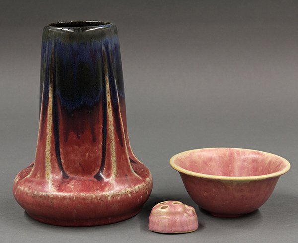 (lot of 3) Fulper Art Pottery group: (lot of 3) Fulper Art Pottery group, consisting of an Arts and Crafts buttress form vase with slate blue and rose glaze, 8"h; a low bowl with rose glaze and tan rim, 1.5"h x 4.5"dia., and a three hole