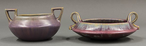 (lot of 2) Fulper art pottery group: (lot of 2) Fulper art pottery group, executed in the Arts and Crafts taste, each of handled form and covered in an organic lavendar to mauve matte glaze, base with ink stamp, largest 3"h x 8"w