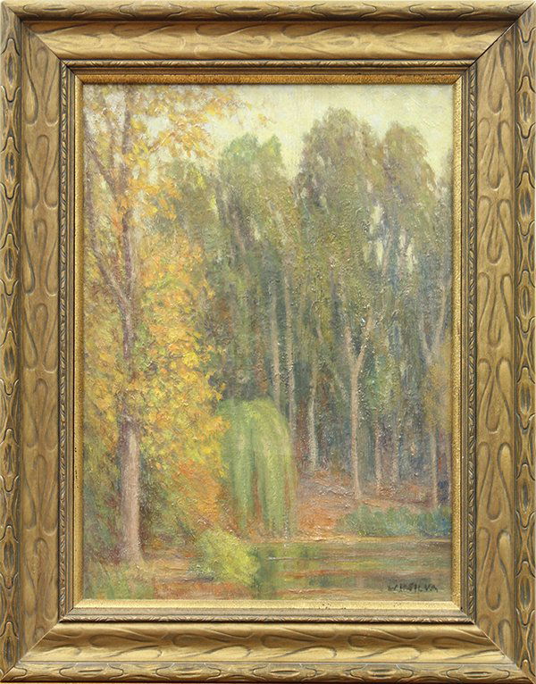 Painting, William Posey Silva: William Posey Silva (Californian, 1859-1948), "Golden Gate Park," oil on canvas (mounted on board), signed lower right, bears printed label verso, canvas: 15"h x 11"w, overall (frame): 19"h x 15"w. Pr