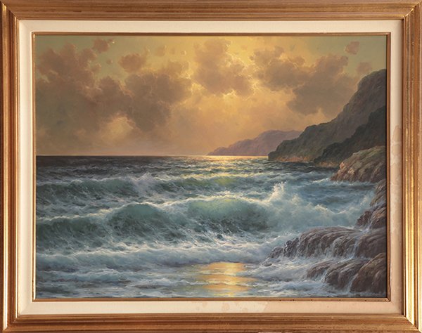 Sescape Painting, Eugene Garin: Eugene Garin (Californian, 1922-1994), Seascape at Sunset, oil on canvas, signed lower left, sight: 35.5''h x 47.5''w, overall (with frame): 45''h x 57''w