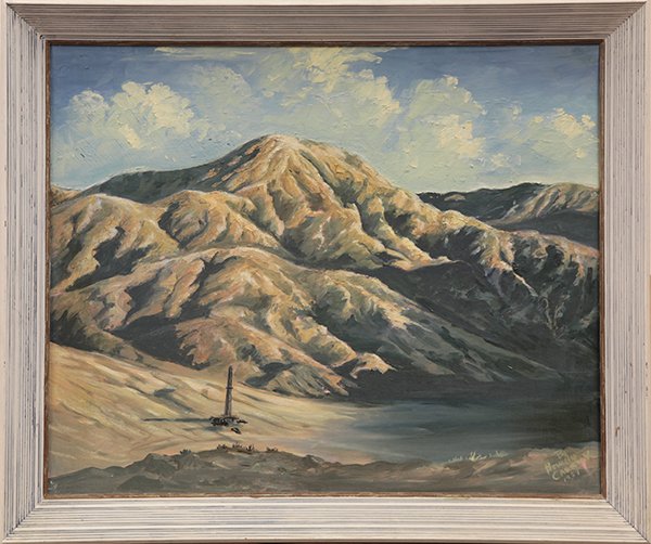 Painting by Beverly Jamison Carrick: Beverly Jamison Carrick (Californian, b.1930), Central California Mountain, oil on board, signed lower right, board: 20"h x 24", overall: 24"h x 28"w. Note: Accompanied by copy of letter to current ow