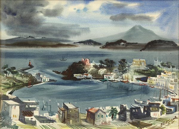 Watercolor, Robert Earle Wood, "Ischia,'' 1955: Robert Earle Wood (Californian, 1926-1999), "Ischia 1955," 1955, watercolor, signed lower right, dated and titled, sight: 18.75"h x 25"w, overall: 25"h x 31.5"w