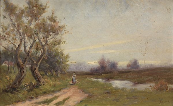 Painting, Ellen Kendall Baker: Ellen Kendall Baker (American, 1839-1913), Figure Walking on a Path by a Stream, oil on canvas, signed lower right, canvas: 10.25"h x 16"w, overall (with frame): 16.5"h x 22.5"w