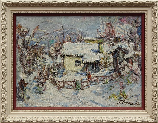 Painting, Andrei Miroshni Chenko, Village in Snow: Andrei Miroshni Chenko (Russian, b.1922), "Village in Snow," 1992, oil on canvas, signed lower right and dated, canvas: 16"h x 21"w, overall (with frame): 21.75"h x 27.75"w