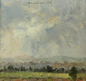 Painting, Pam Sheehan: Pam Sheehan (American, b. 1956), ''North Bavarian Landscape, Germany,'' 2004, oil on ragboard, signed and dated top center, gallery labels affixed verso, canvas: 5.25"h x 5.625"w, overall (with