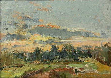 Landscape Painting, Pam Sheehan: Pam Sheehan (American, b. 1956), ''Sunset, Late March II,'' 2004, oil on board, signed lower right, gallery labels affixed verso, canvas: 4.75"h x 6.625"w, overall (with frame): 8.125''h x 10''w.