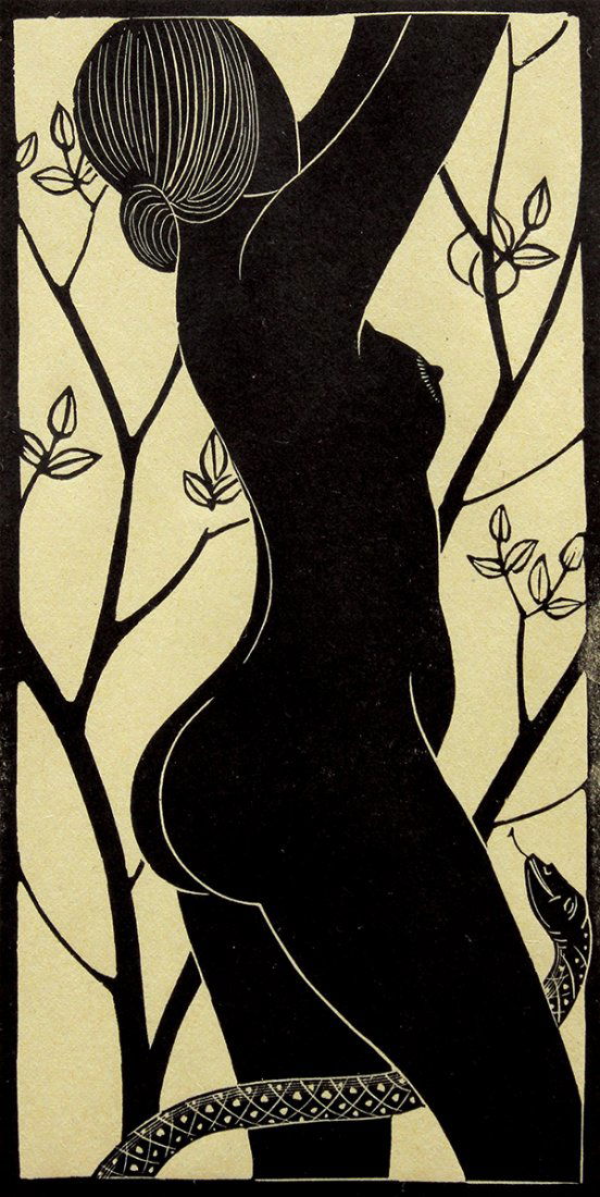 Woodcut, Eric Gill, Eve, 1926: Eric Gill (British, 1882-1940), 1926, woodcut, initialed "C.G." in pencil lower left, titled and dated in pencil lower center and right, sight: 7.5"h x 4"w, overall (with frame): 13.25"h x 10.25"w