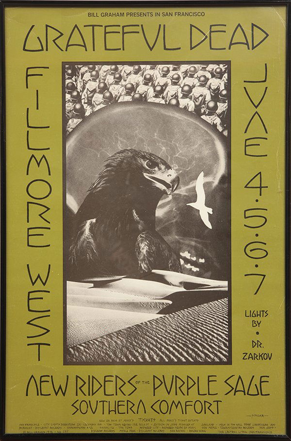 Vintage Grateful Dead Rock Poster: Vintage Grateful Dead Fillmore West Rock poster, 1970, designed by Singer, published by Bill Graham, no. 237, Tea Lavtree lithography, San Francisco, overall (framed): 21.5"h x 14.25"w. Provenance: Fr