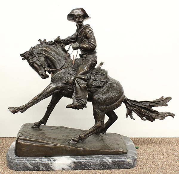 Bronze Sculpture, After Frederic Remington, Cowboy on: After Frederic Remington (American, 1861-1909), Cowboy on Horseback, bronze sculpture atop a marble base, signed "Frederic Remington" on base, overall: 23"h x 28.5"w x 10"d