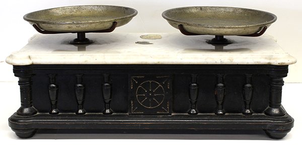 Continental Victorian grocer's scale with brass trays: Continental Victorian ebonized wood and marble grocer's scale with brass trays, the lower case with applied columnar accents and rising on turned legs, 9"h x 22"w x 10"d