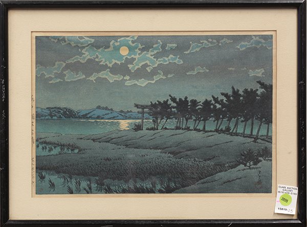 Japanese Woodblock Print Kawase Hasui: Kawase Hasui (Japanese, 1883-1957), 'Full Moon at Hiroura', the lower right with the artist signature and seal, the left margin with the title, dated 1946, sight: 10'h x 14.75"w, overall (framed): 13.