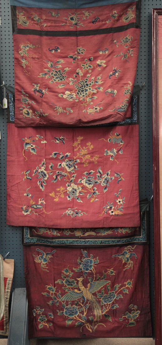 Three Chinese Altar Hangings: (lot of 3) Chinese silk altar frontist hangings, late Qing/Republic period, each executed with gilt wrapped threads and hues of blue on a maroon ground, similarly decorated with peonies and various fl