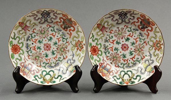 Chinese Porcelain Dishes, Buddhist Symbols: Pair of Chinese enameled porcelain dishes, 19th century, with lotus scrolls to the center and encircled by the Eight Buddhist Symbols, all below the gilt foliate rim, each recessed base with a red Dao