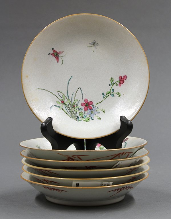 Chinese Sgraffito Porcelain Dishes, Flowers: (lot of 6) Chinese enameled sgraffito porcelain dishes, 18th/19th century, each enameled with seasonal flowers, including orchids, lotus, peonies, morning glory and melons, silhouetted on a sgraffito 