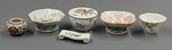 Group of Chinese Small Pocelain Items: (lot of 6) Assortment of Chinese enameled porcelain, 19th/early 20th century, consisting of a 'mati' (horse hoof) form cup heightened with orchids and flowering branches; a small covered circular cont