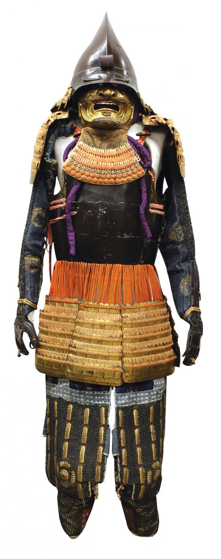 Japanese Suite of Armor: Suite of Japanese armor, Edo period or later, consisting of a lacquered iron helmet with shikoro (neckguard), gilt menpo mask with moustache and attached yodare-kake (throat guard), the top of the mun